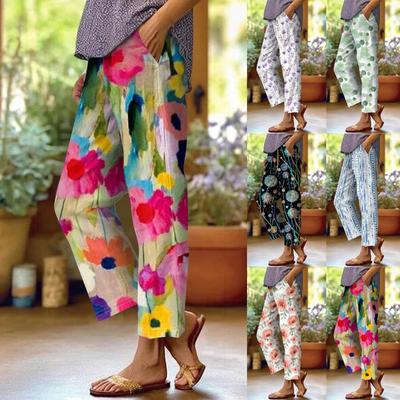 Spodnie damskie bawełniane lniane z nadrukiem letnie szerokie nogawki swobodne luźne ściągacze z wysokim stanem spodnie palazzo z kieszeniami