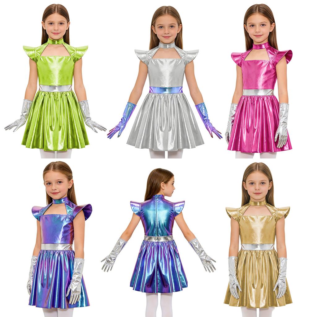 Costume Robot Alieno Bambina Manica a Sbuffo Metallico Lucido con Guanti per Halloween Festa Spazio Esterno Cosplay Travestimento