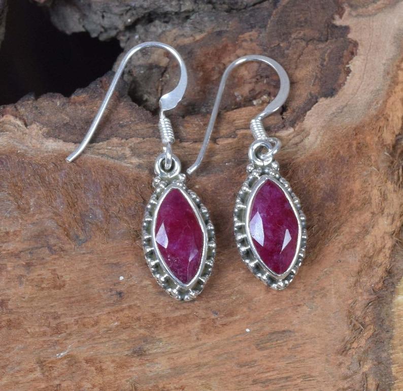Solid 925 Sterling Silver Ruby Dyed Gemstone Marquise Shape Earrings Handmade Boho Earrings Silver Jewelry