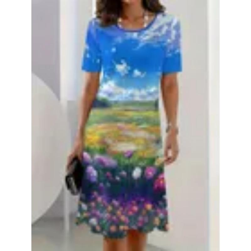 Summer Short Sleeved Dress 3D Floral Print Retro Dress Bohemian Dress Plus Size