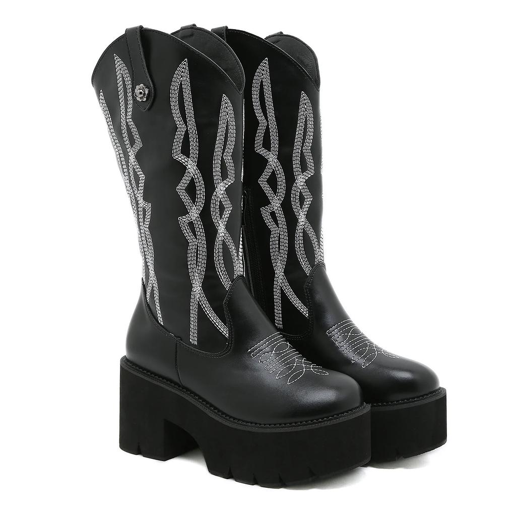 Fashion New Embroidered Sleeve Round Toe Western Boots One Foot Cavalier Boots Thick Bottom Waterproof Platform Knee Women's Boots
