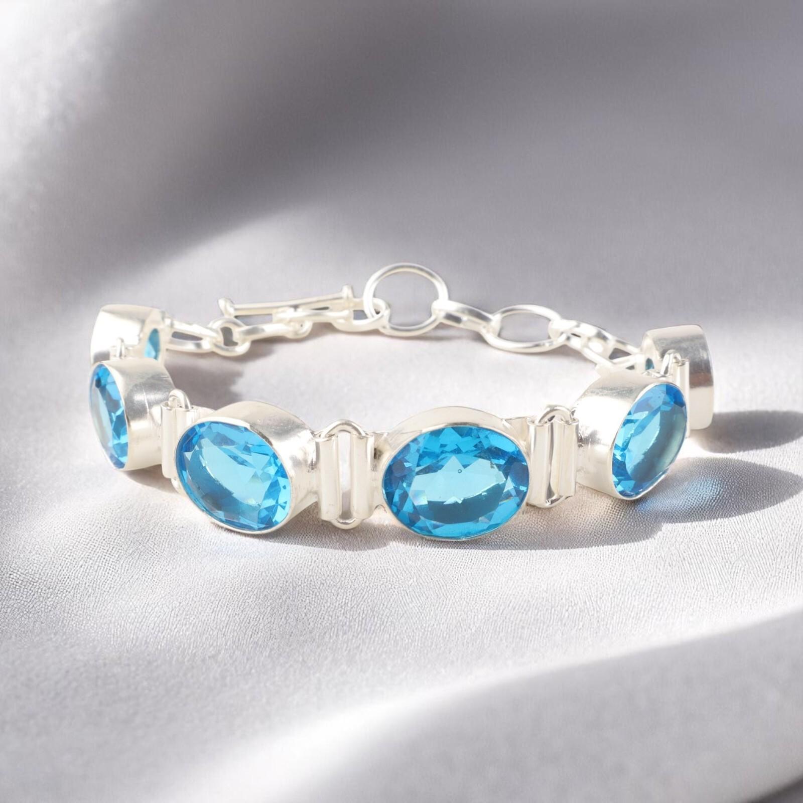 

Швейцарский голубой топаз Драгоценный камень 925 Стерлинговое серебро Ювелирные изделия Ручной работы Браслет 8 RB-4-5