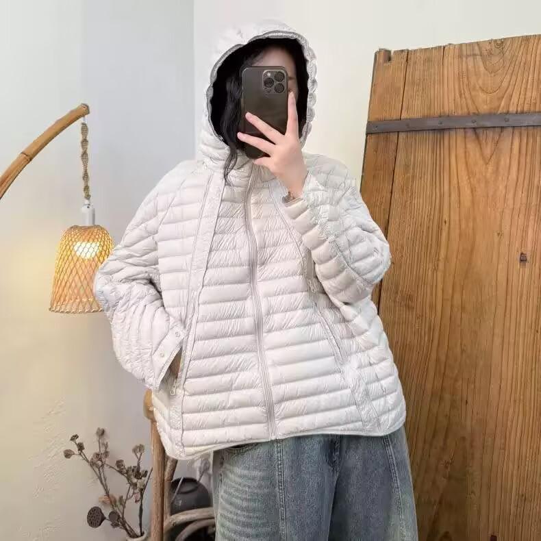 Winter short down jacket for women, loose large size white duck down, hooded and thin ribs, warm and light down jacket for women