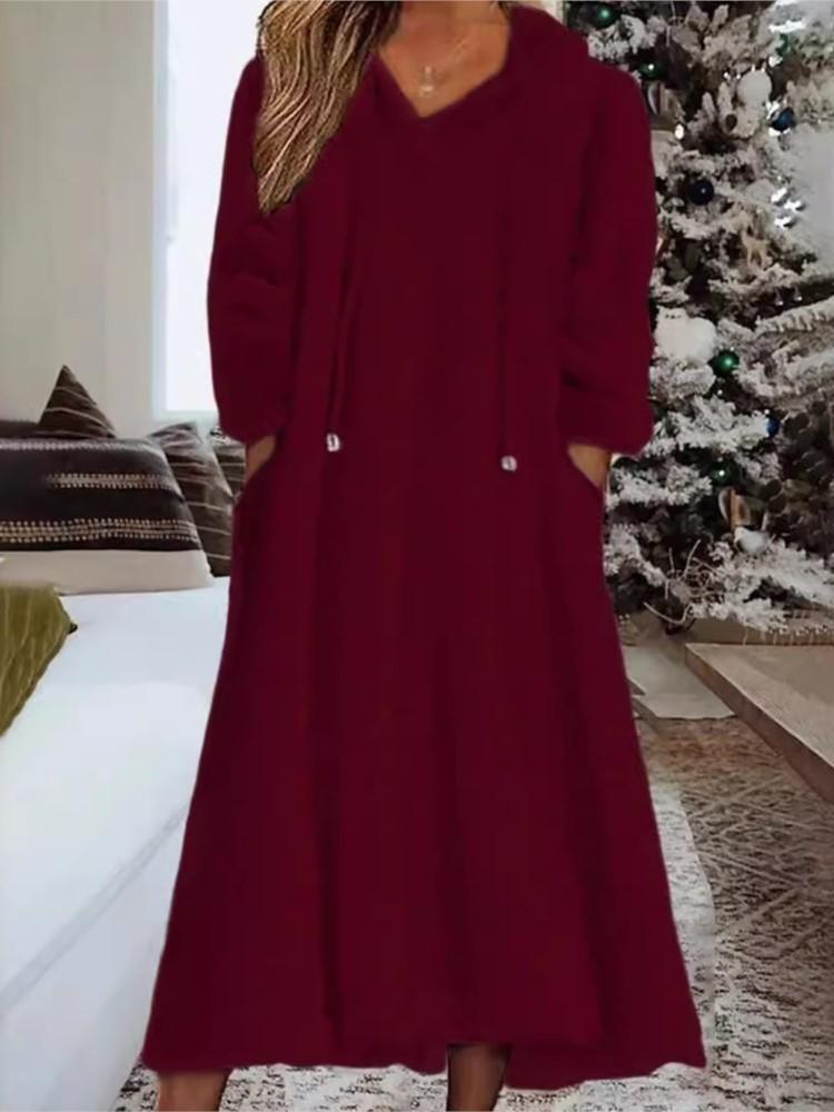 New Autumn Winter Casual Plush Hooded Long Sleeve Dress For Women Warm Home Wear Everyday Comfort Loose Maxi Dresses Robe Femme