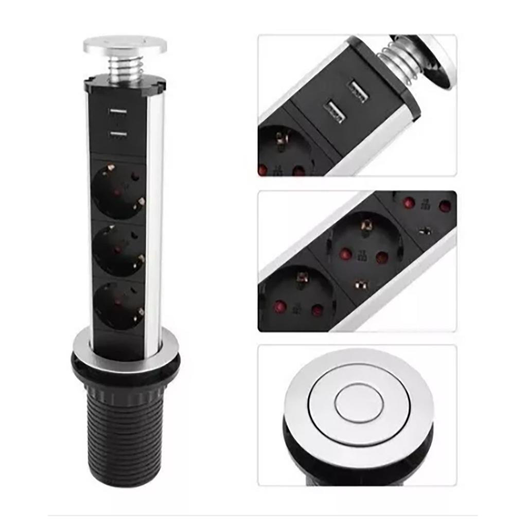 Priză de birou Multifuncțională 3 mufe 2 porturi USB Priză modernă de curent Negru 110V?250V