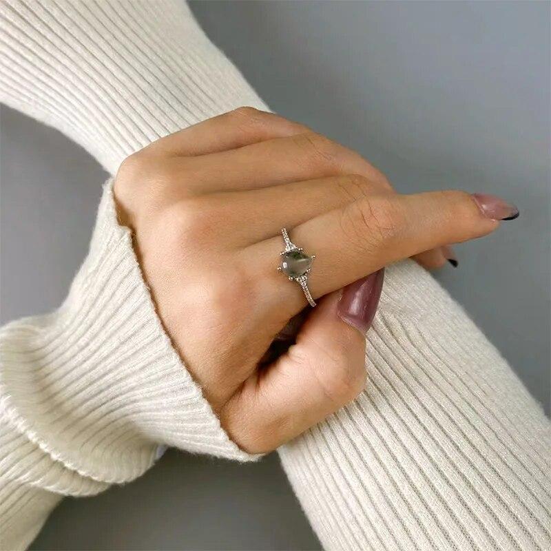 Luxury  Natural Stone Texture Different Green Moss Grass Agate Vouple Ring For Women Sterling Silver Engagement Gift Jewelry