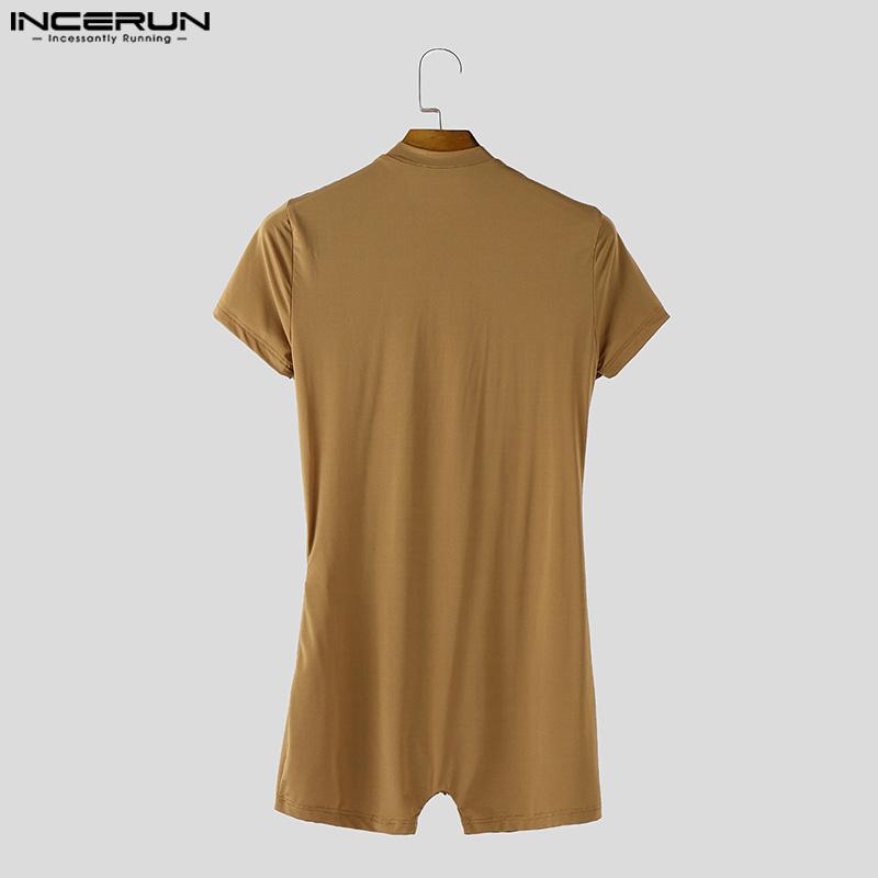 INCERUN Men Short Sleeve Front Zipper Semi-Sheer Jumpsuits Pajamas Sleepwear