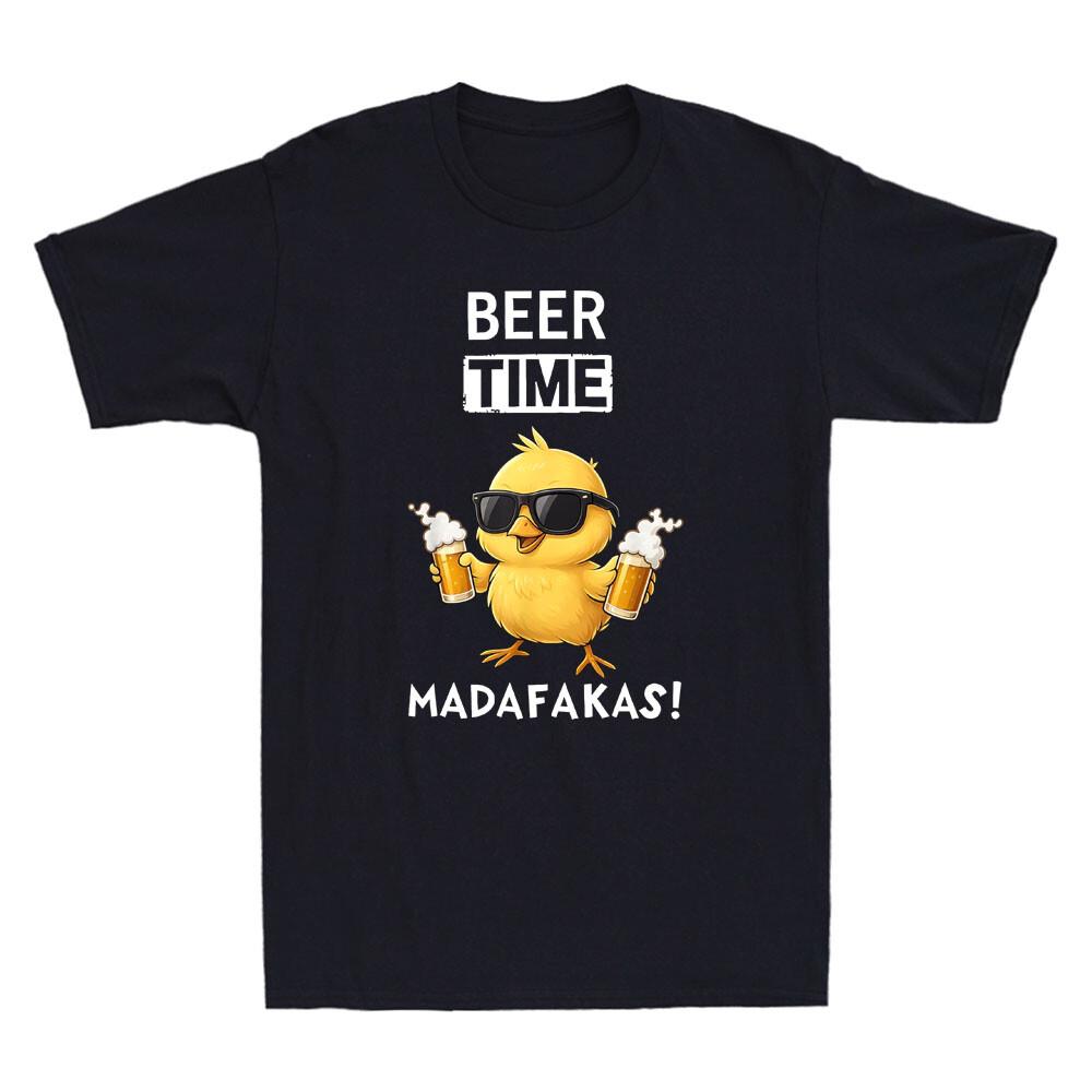 

Beer Time Madafakas Funny Glasses Chicken Hold Beer Graphic Humor T-Shirt L
