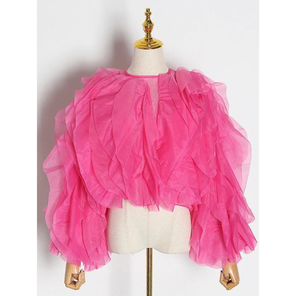 

Vintage Patchwork Ruffle Shirt For Women O Neck Lantern Long Sleeve Solid Elegant Blouse Female Fashion New Style XL