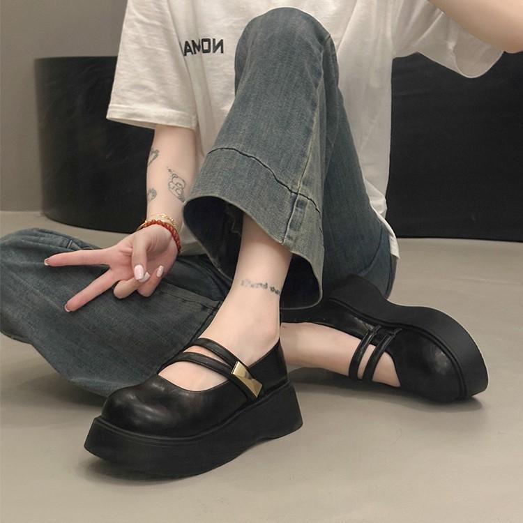 Mary Jane women's shoes summer 2025 new models with skirts big head single shoes muffin platform French black small leather shoes