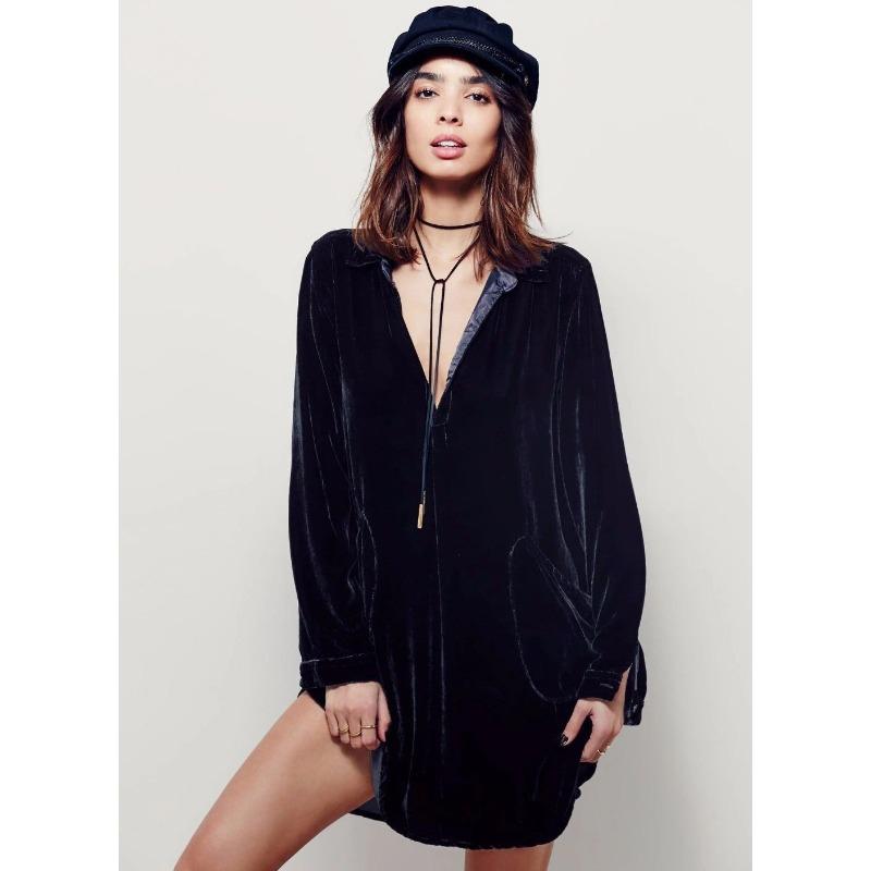 Women's Autumn New Jacket V-neck Loose Long-sleeved Golden Velvet Shirt Dresses
