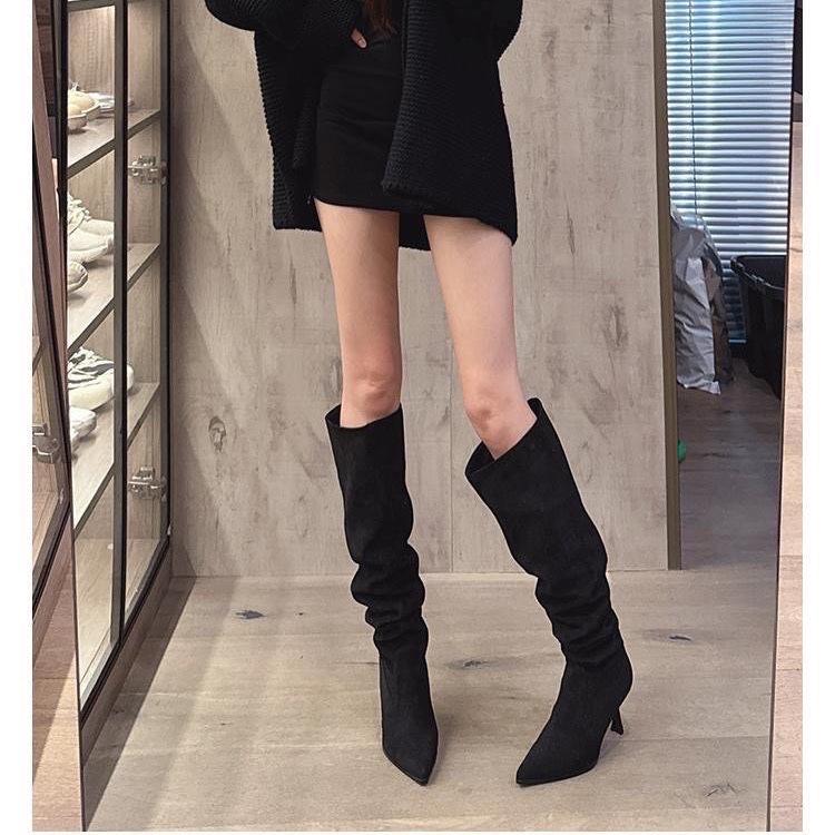 Wide Tube Big Tube Circumference Black Stacking Boots Women's Spring and Autumn 2025 New Pointed High Heel Boots Thin Heel High Boots