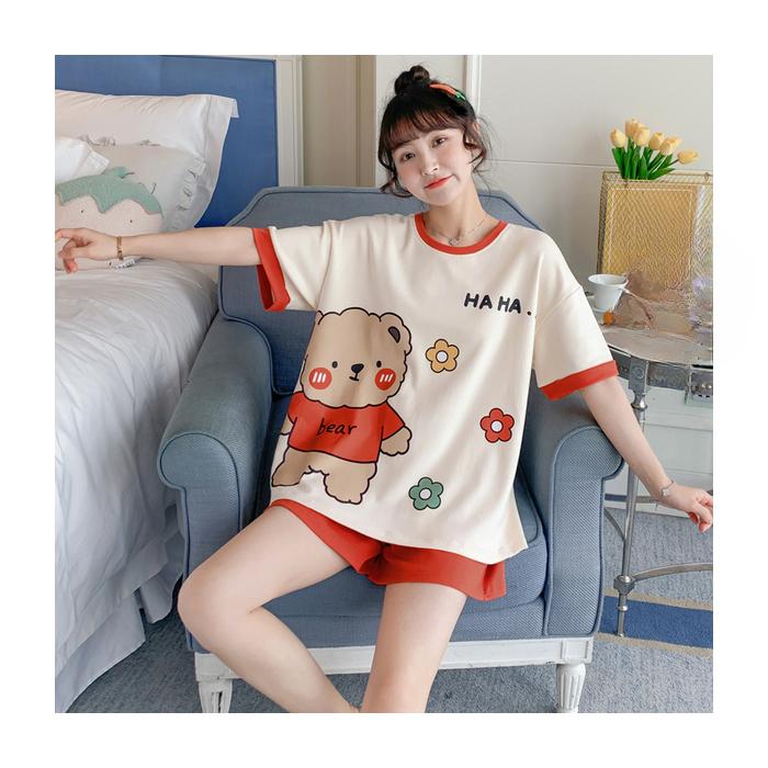Women's Pajamas Set Summer Cute Cartoon Print Leisure Young Girls Sleepwear Short Sleeve Tops and Shorts Pijamas Women Homewear