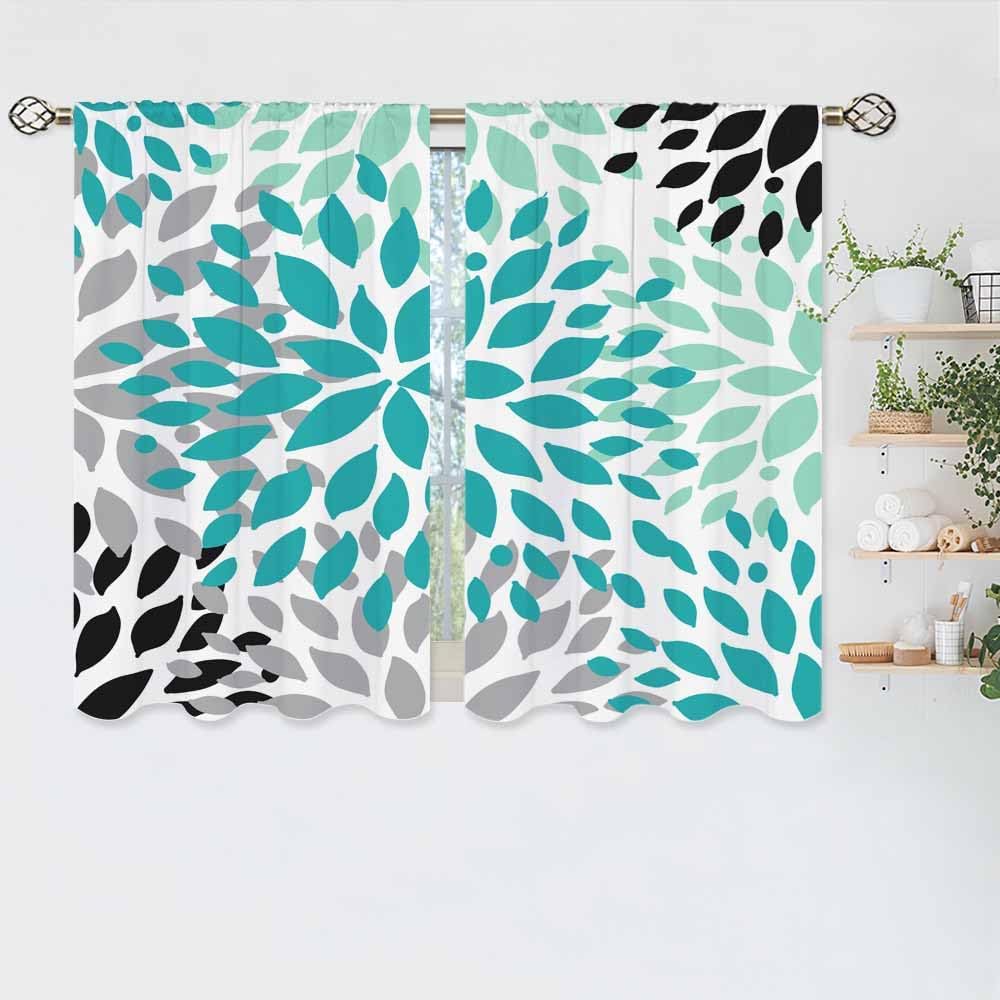 Flower Pattern Kitchen Curtains Abstract Floral Green Grey Black Petals Art Design Short Tier Curtains for Bathroom Cafe Small W