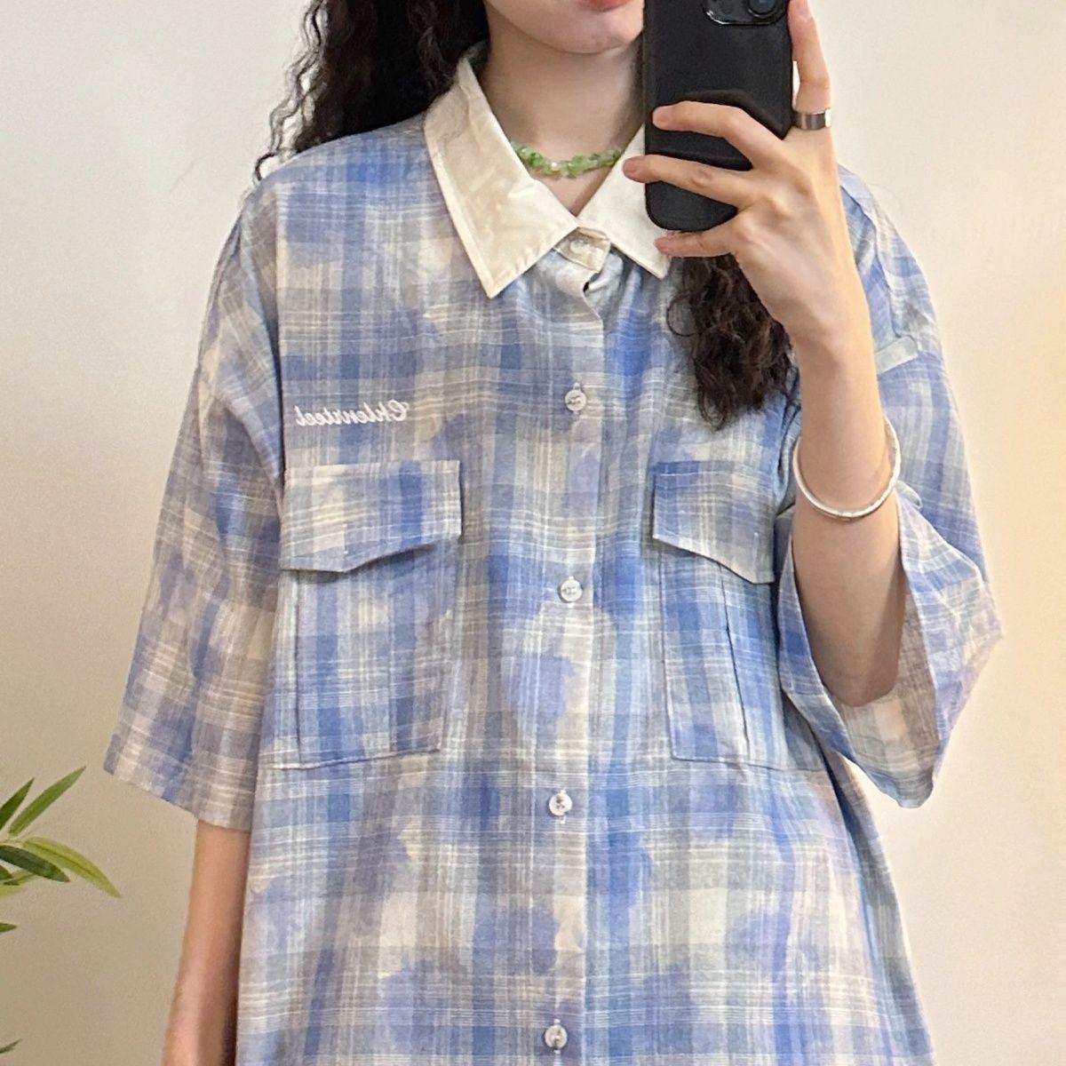 

Летняя новая рубашка с короткими рукавами для женщин в американском стиле ретро, контрастный цвет, шикарный принт в клетку, женская одежда S