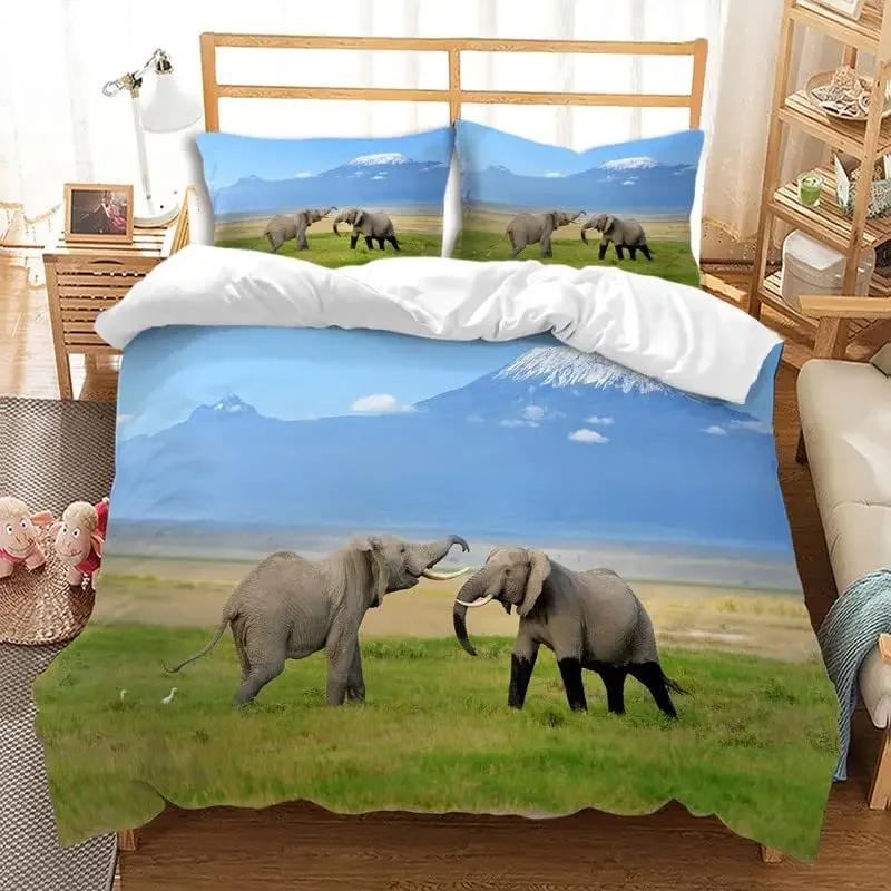 Comforter Cute Elephant Green Grass Bohemian Elephant Bedding Set Microfiber Safari Animals Comforter Twin King Size