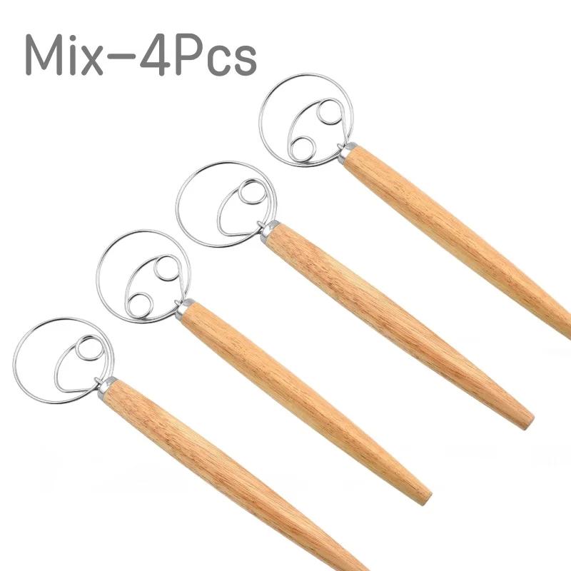 2025 New 8Pcs 13 Inch Oak Handle Flour Mixer Danish Dough Mixer 430 Stainless Steel Coil Egg Beater