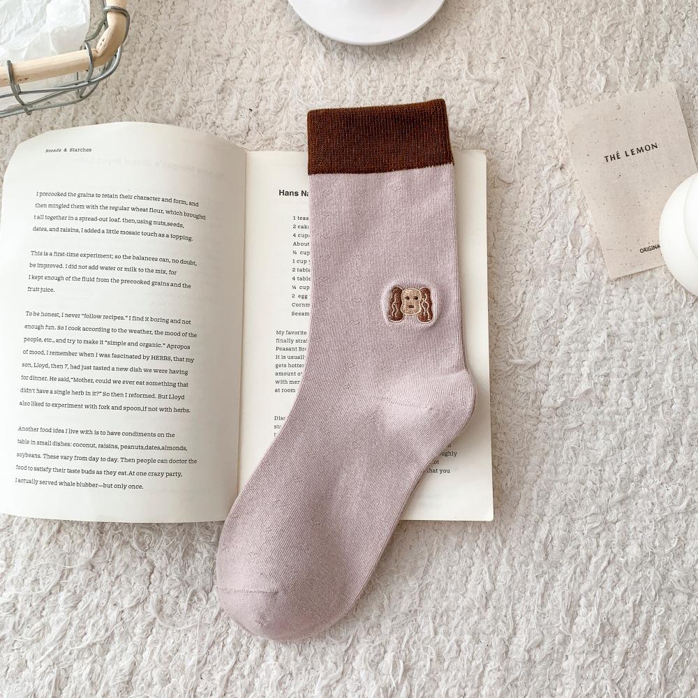 Color-Blocking Cartoon Bestickte Socken für Damen, Mid-Calf Socken, Niedliche Kleine Tiere, Color-Blocking, Trendige und Personalisierte Nahtlose Baumwollsocken