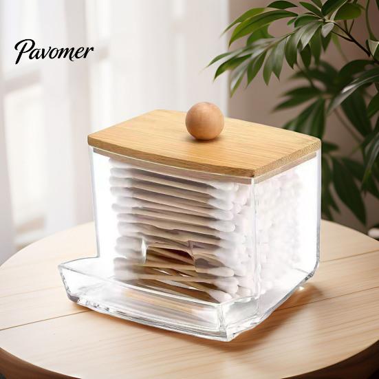 Jewelry Storage Box with Bamboo Lid Dustproof Moisture Resistant Clear Transparent Acrylic Case Container Cotton Swabs Dental Floss Organizer