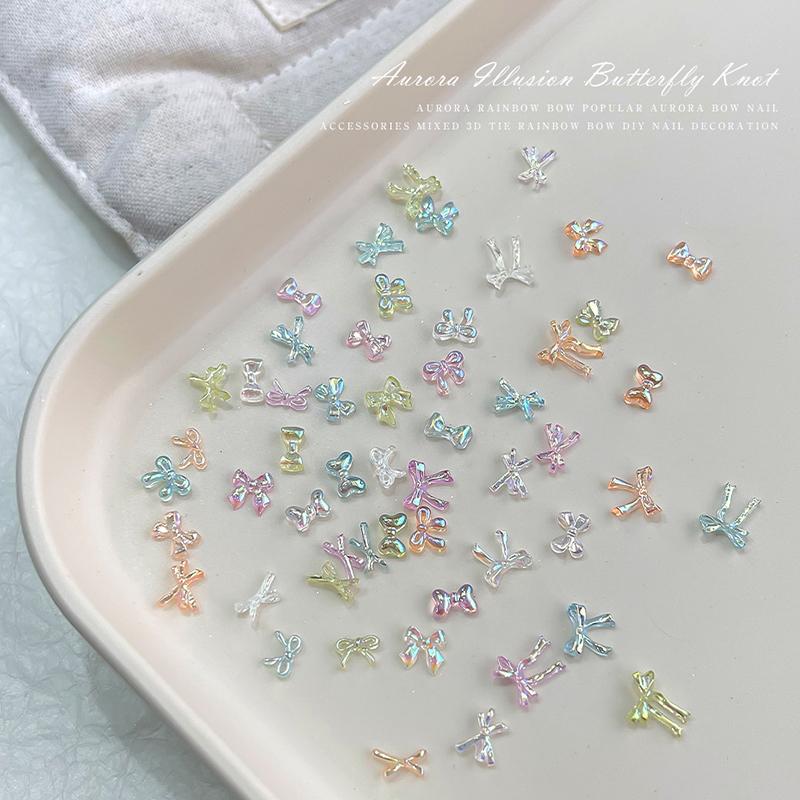 50Pcs Manicures Decoration Charm Colorful Bow Nail Art Accessory Illusionary AB Color Resin Ribbon Bows