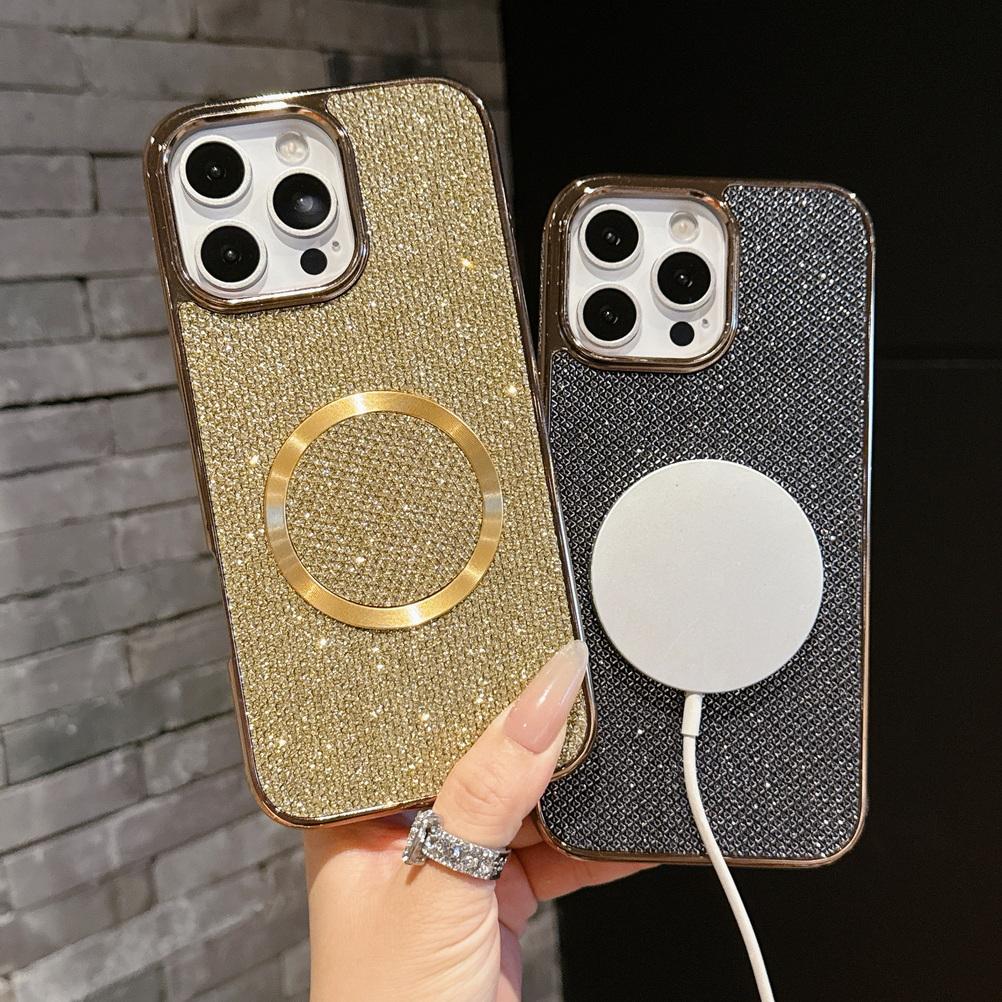 Shiny Rhinestone Glitter Plated Border Magnetic Ring Case for iPhone 16 Pro Max 15 Plus 14 + 13 Pro 12 11 Lens Protection Cover