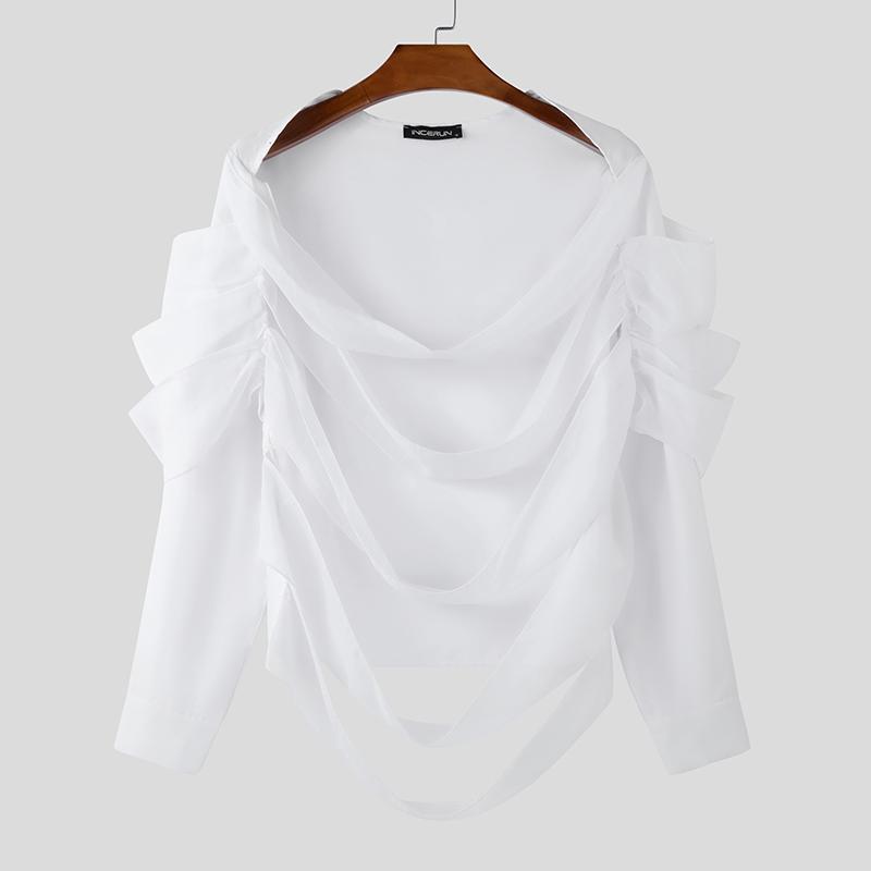 

INCERUN Men Scoop Neck Long Sleeve Hollow Out Mesh Patchwork Party Shirts 3XL білий