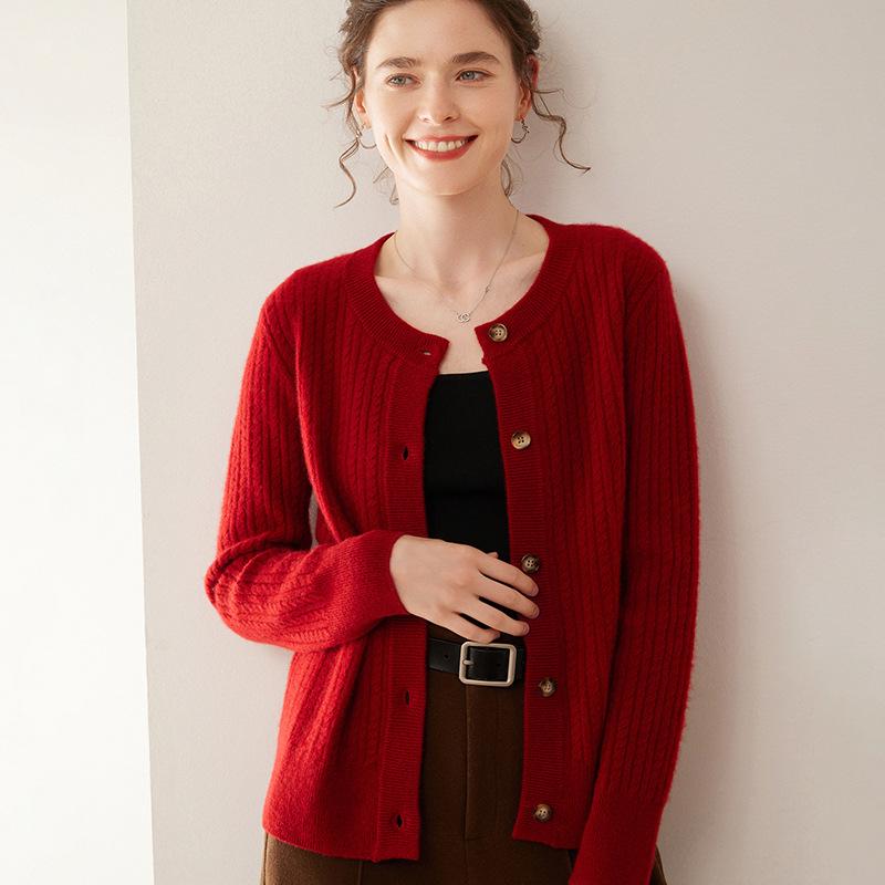 Women's Cashmere Round Neck Cable Knit Button-Up Cardigan - Autumn/Winter 2025 Korean Loose Slimming Style