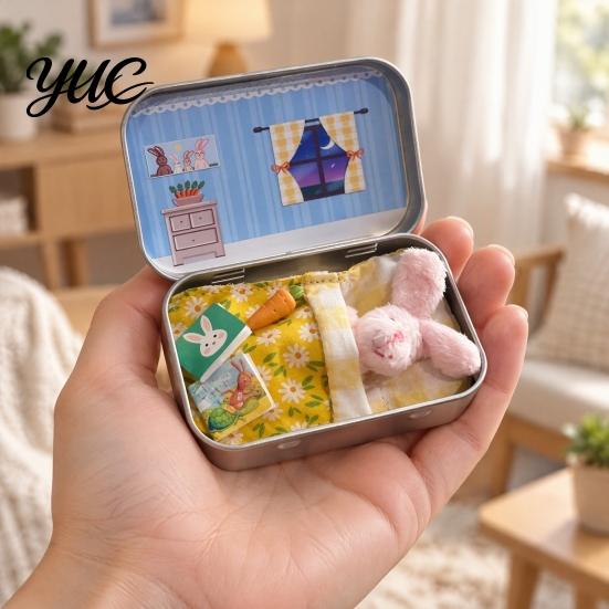 Small Animal Figurine with Tin Box Little Pocket Bunny Plush Toy in Box, Mini Stuffed Rabbit Cute Desktop Ornament for Kids Accessories, Portable
