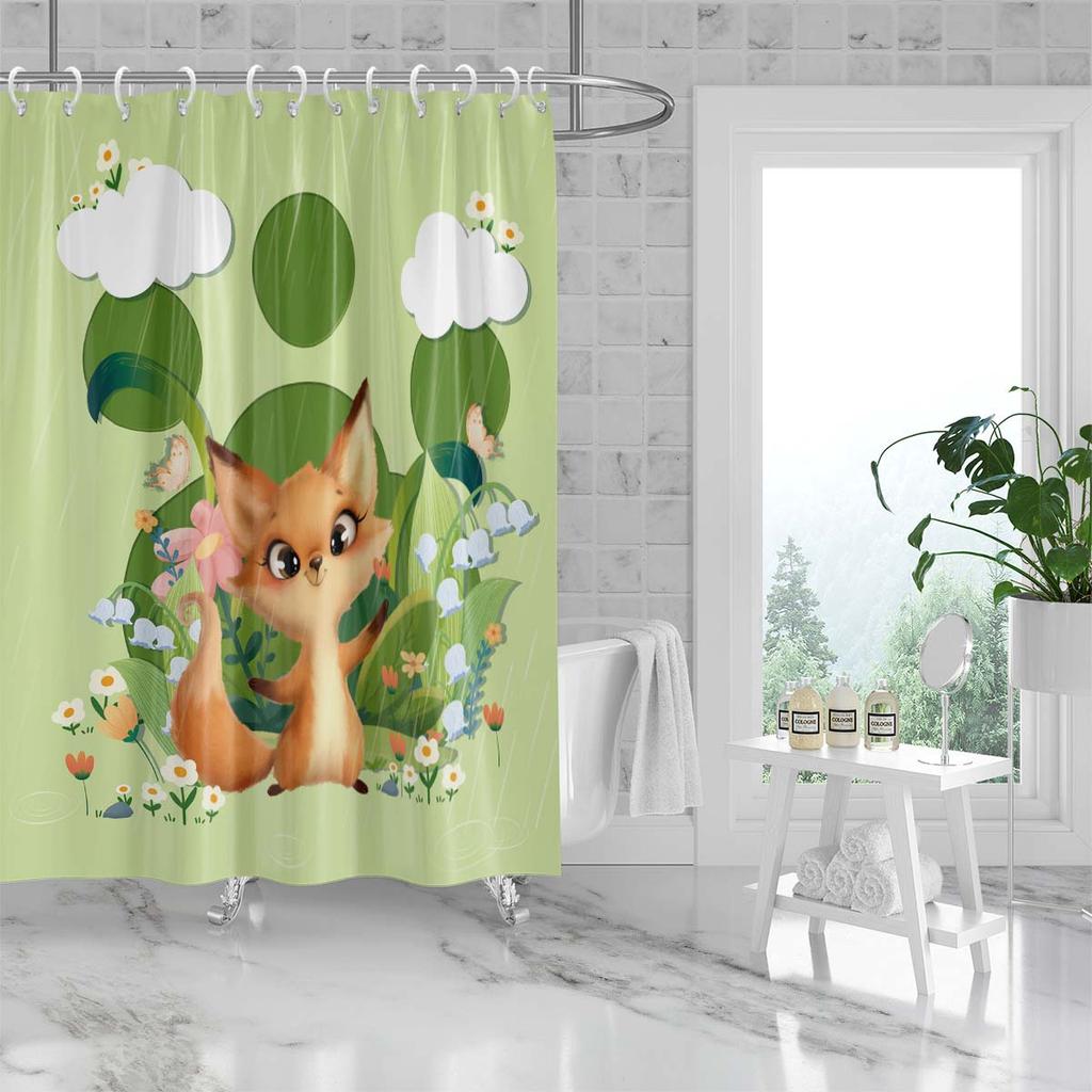 1pc Cute Fox Print Waterproof Shower Curtain Bathe Partition Curtain with 12 Hooks for Privacy Protection Easy Installation