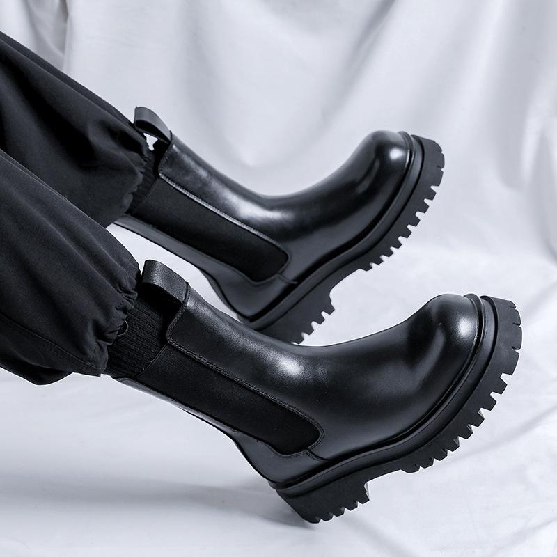 Men Fashion High Chelsea Boots Genuine Leather Shoes Stage Nightclub Dress Cowboy Platform Boot Handsome Long Motorcycle Botas