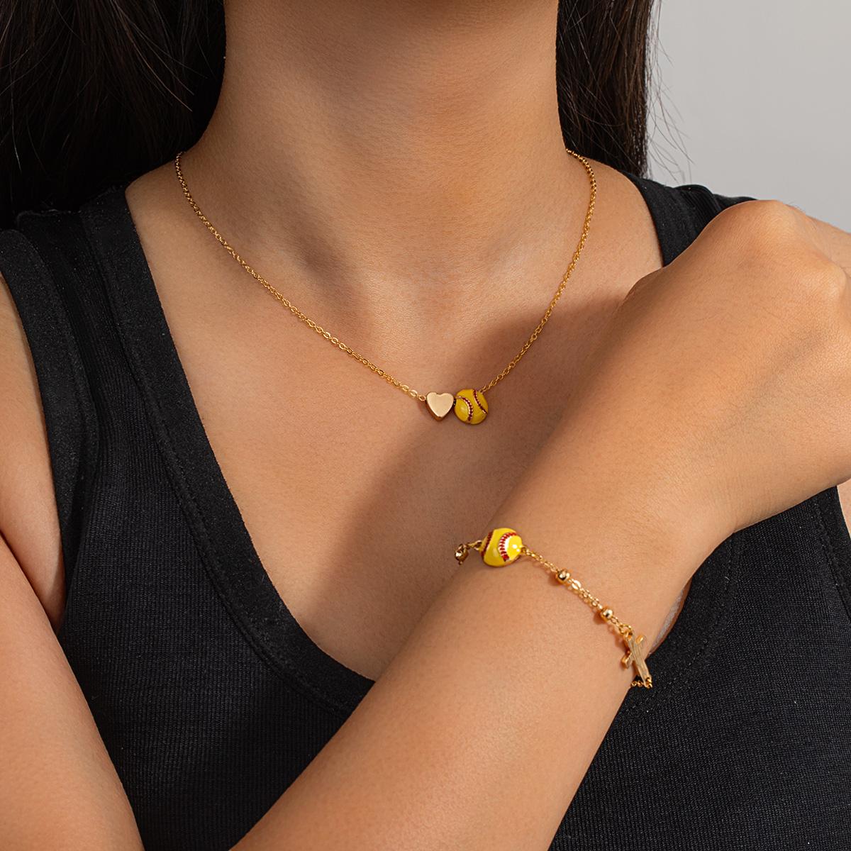 

Heart-shaped Baseball Pendant Necklace + Cross Bracelet Set Women s Sporty Fashion Jewelry Set