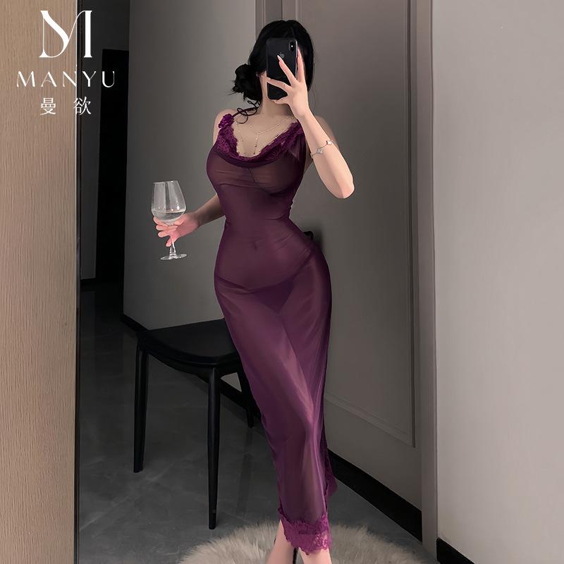 Man Want Sex Underwear Perspective Hollow Lace Mesh Pile Pleated Tight Suspender Rose Hip Wrap Long Dress 9449