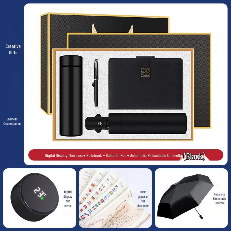 Luxury Business Gift Set: Insulated Cup, Umbrella, and Notebook with Custom Logo for Corporate Events