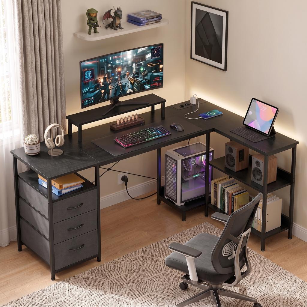 L-Shaped Desk, Reversible Corner Desk with Drawers and Shelves, 170 cm, Black