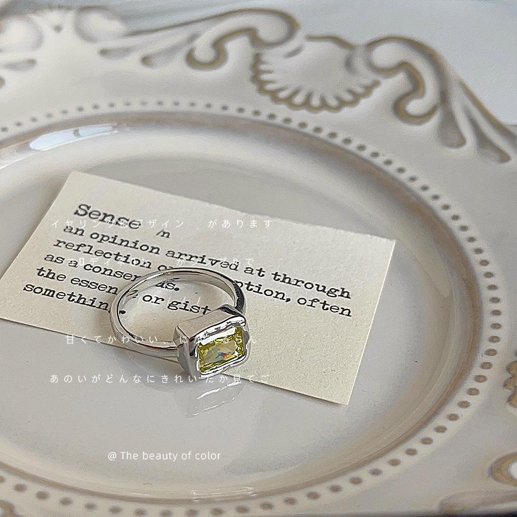 Sweet cool wind! ins wind personality olive green zircon square geometric ring, opening adjustable ring index finger ring Adjustable opening