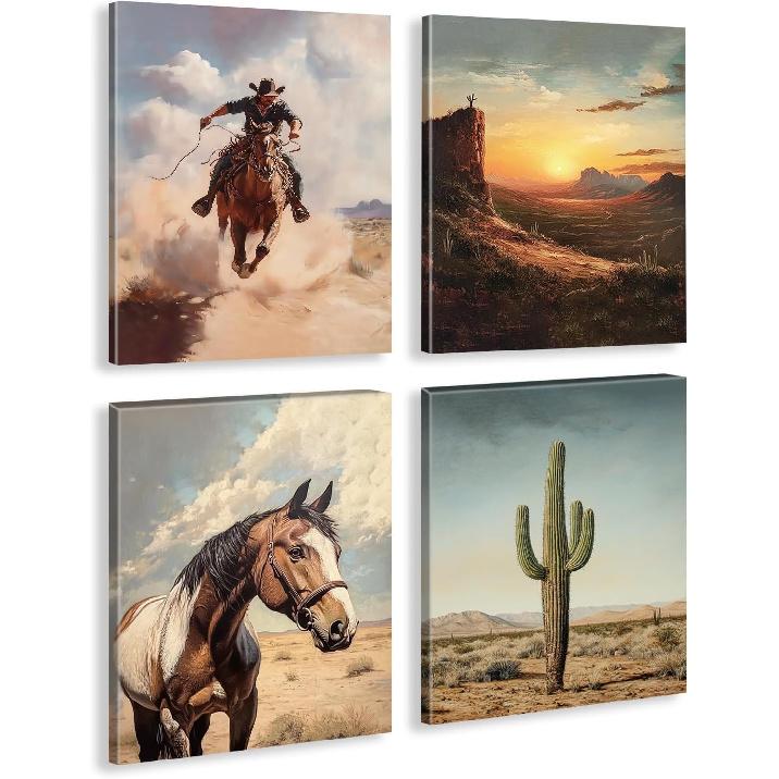 Western Cowgirl Canvas Wall Art, Watercolor Pink Cowboy Hat Cactus Desert Wall Art Prints for Cowgirl Nursery Kids Room Girls Room Dorm Decor Set of