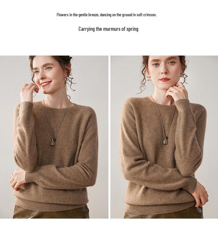 Women's Versatile Cashmere Round Neck Sweater - Thin, Simple, Loose-Fit Knitted Design for Autumn/Winter.