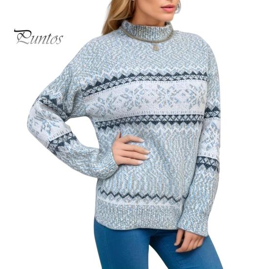 

Зимний женский рождественский свитер с полувысоким воротником, цветной узор в виде снежинок, длинный рукав, трикотаж, толстый теплый новогодний свитер S светло-синий