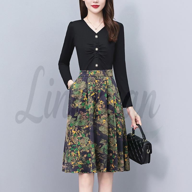 

Two-Piece Printed Plus Size Slimming Dress - Elegant Long-Sleeve Mid-Length for Spring & Autumn 5XL чорний