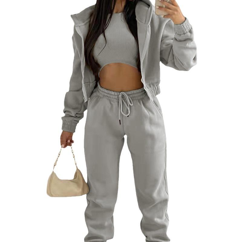 1116 European and American women's clothing, new summer models, solid color casual sports hooded sweater and trousers three-piece set