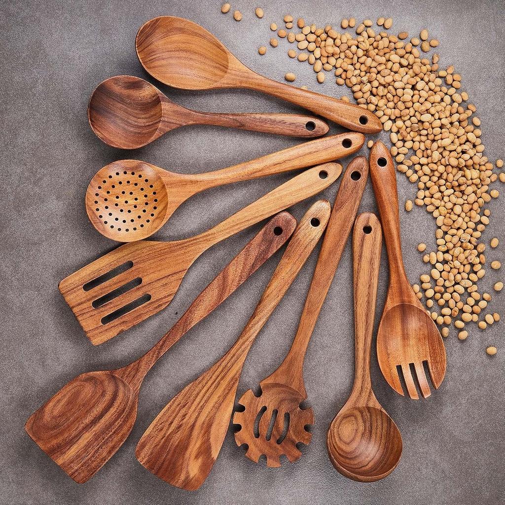 9 Piece Handcrafted Wooden Utensil Set for Non Stick Cookware