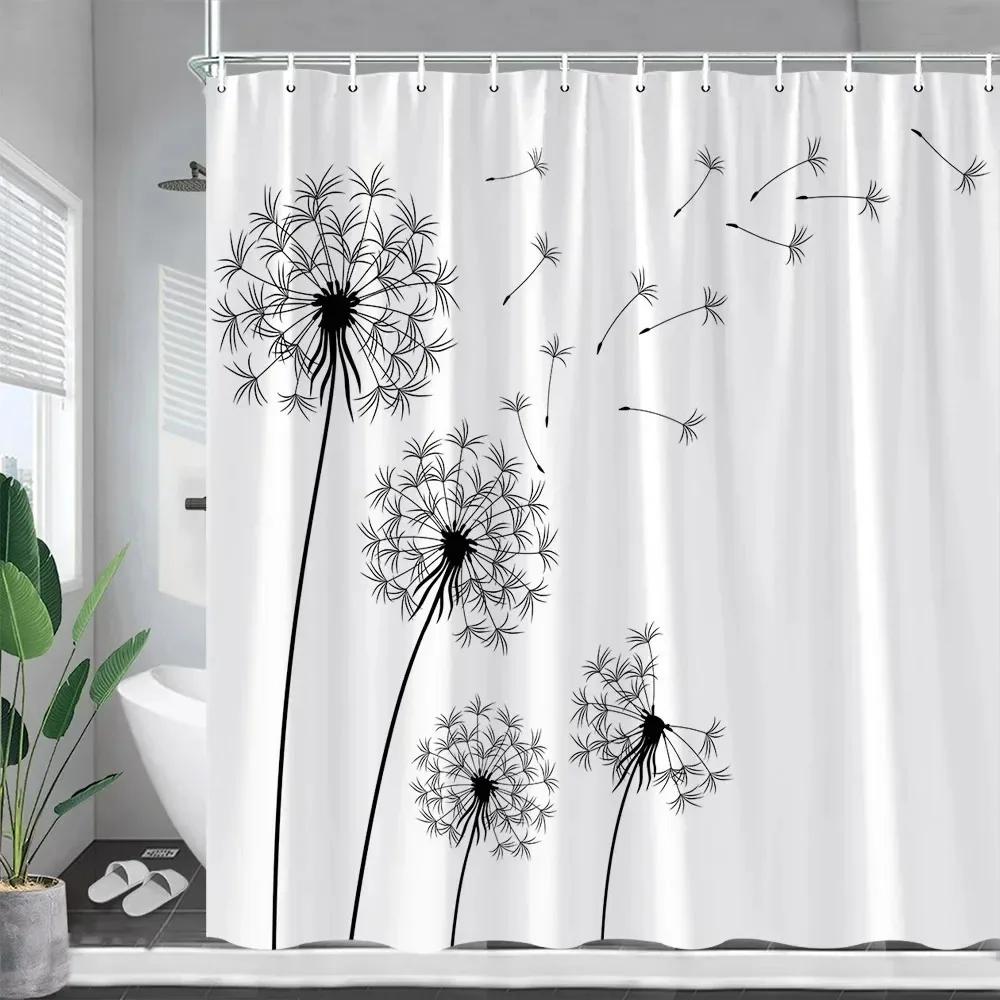 Tende da Doccia Dente di Leone Bianco e Nero Fiori Primaverili Piante Creative Minimaliste Moderne Tessuto Tenda da Bagno Arredamento Bagno Casa