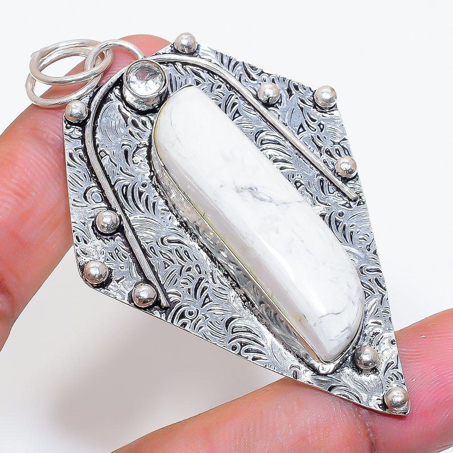 Natural Howlite Jasper, Topaz 925 Sterling Silver Jewelry Pendant 2.88" ZS-790