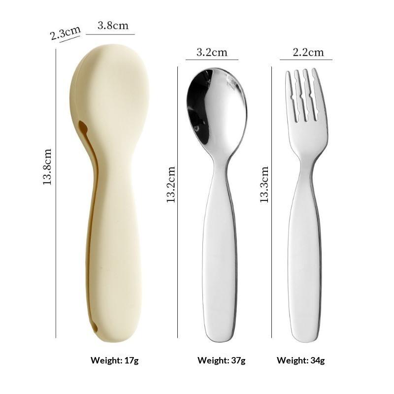 Food Safe Toddler Spoon and Fork Set Stainless Steel with Waterproof Silicone Storage Case for Kids School Lunch Use