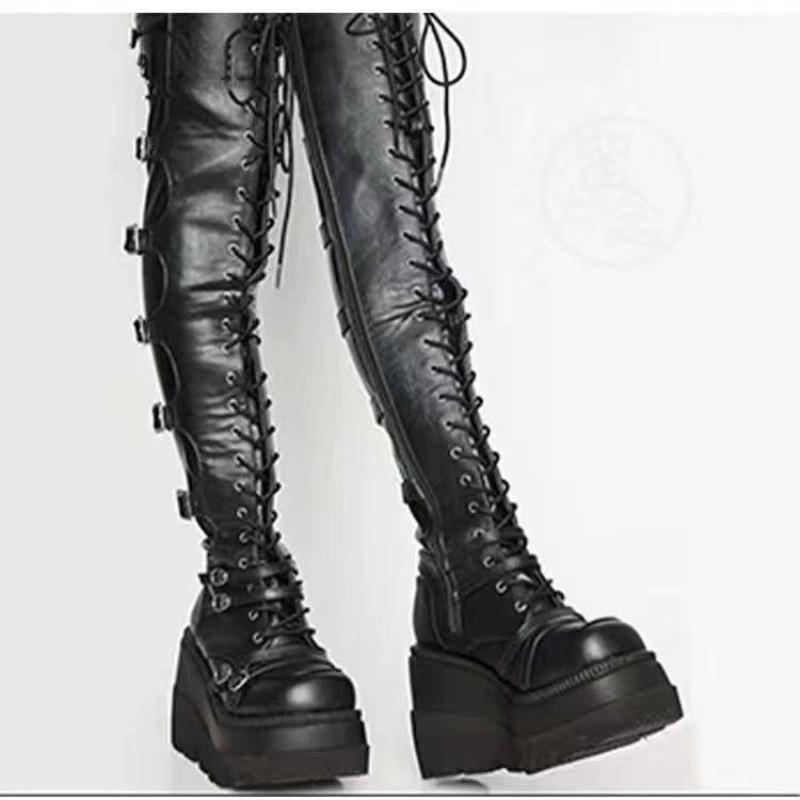 Over The Knee Cosplay Motorcycle Boots Women's Round Toe High Heel Boots Punk Style Microfiber Shaft Rubber Outsole New Arrival