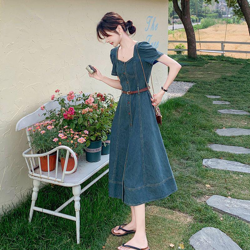 

Women s Chic Summer Hong Kong-Style Retro Denim Dress: Slimming Waist-Cinched Skirt S [Recommended for under 100 jin]