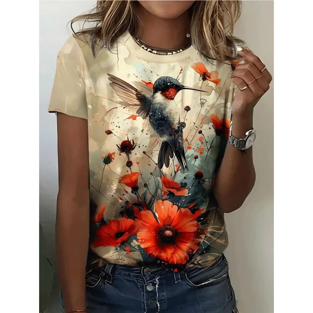 Summer Fashion Short Sleeved T-shirt Colorful Creative 3D Printed Women's Round Neck Casual Sports Comfortable Soft Large Loose Breathable T-shirt