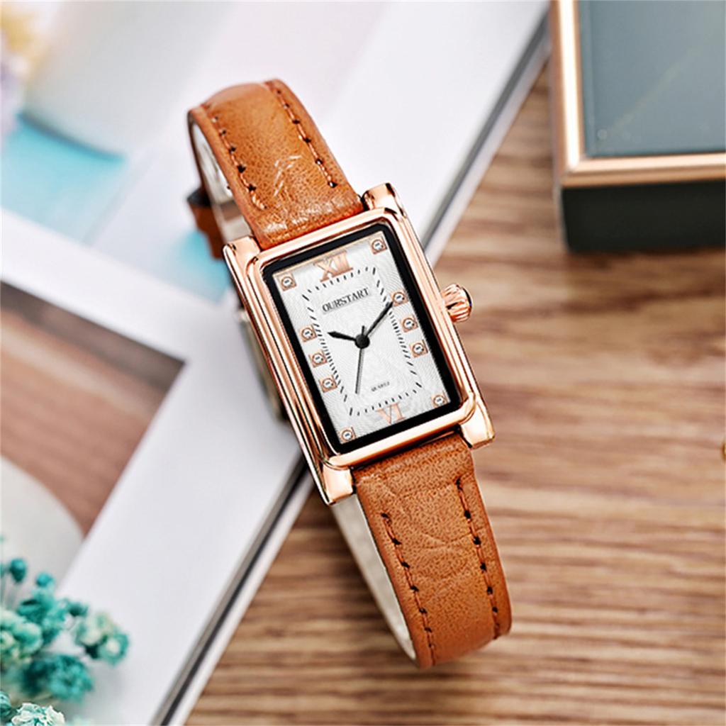 OURSTART Women Square Dial Quartz Watch with Leather Strap and Rhinestone Markers Elegant Minimalist Design Durable Construction