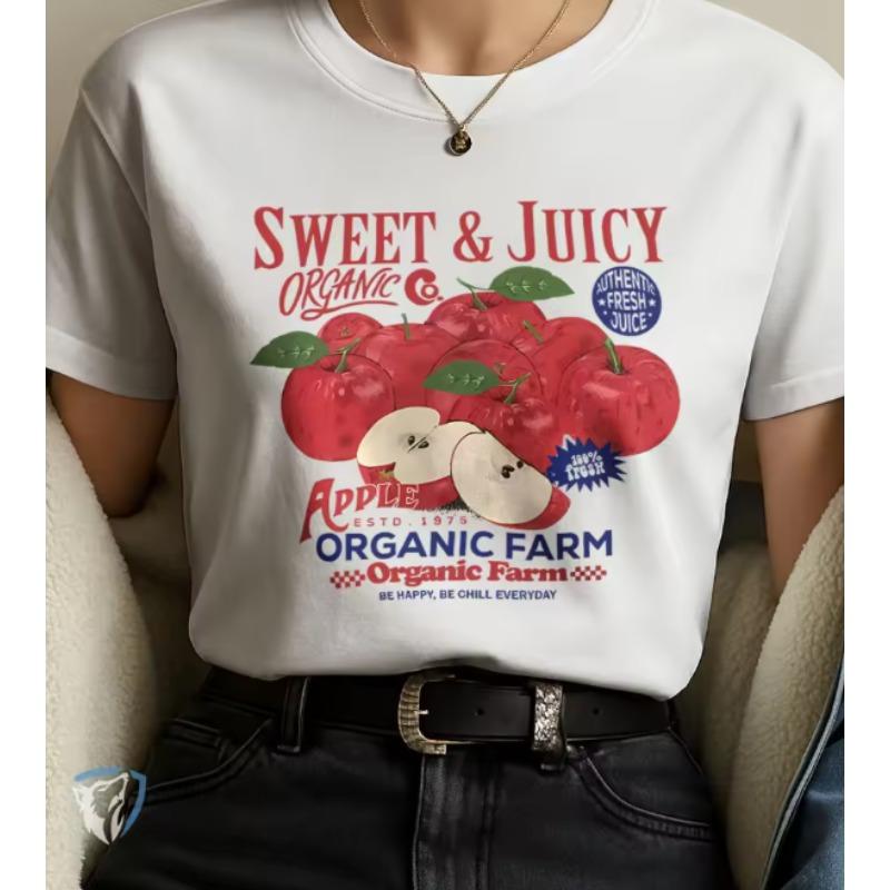 

American Retro Summer Apple Sweet Farm Pattern INS Style Commuting Y2K Casual Oversized 100 Cotton Womens Tshirt 4XL