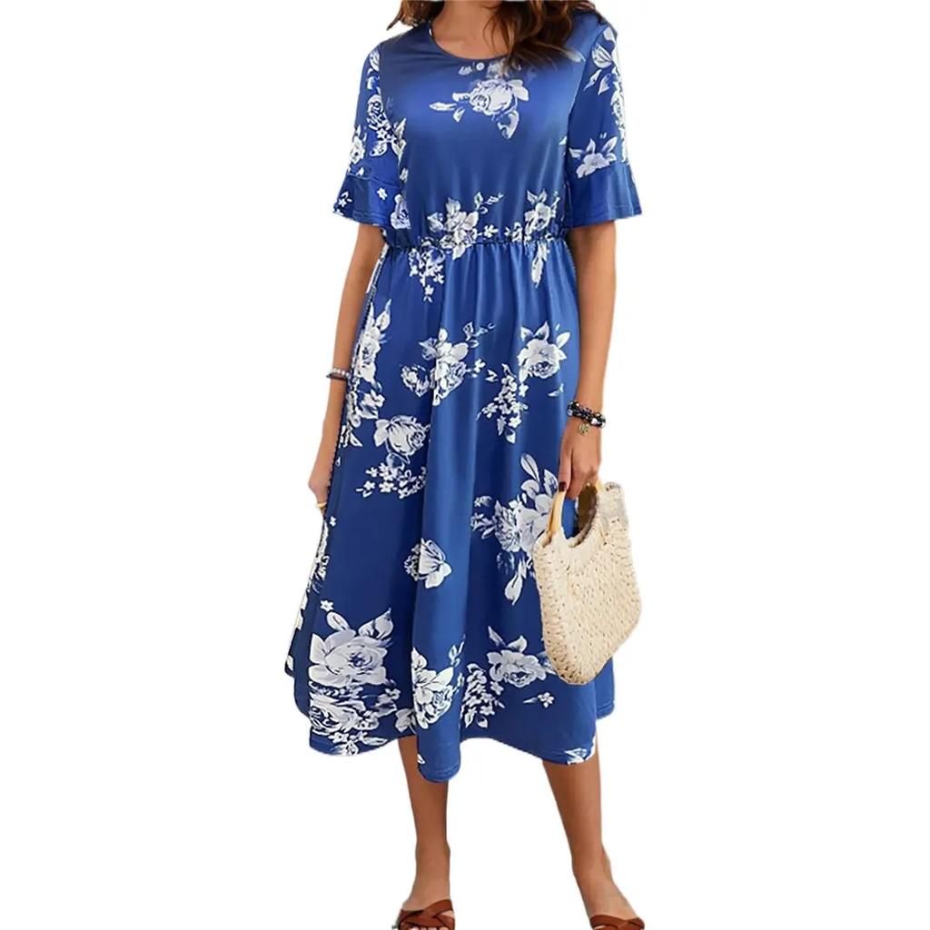 Damska elegancka sukienka z krótkim rękawem, okrągłym dekoltem, dopasowana w talii, średniej długości, drukowana sukienka